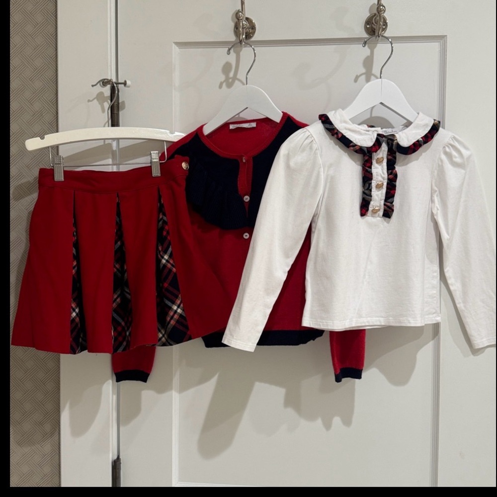 PATACHOU RED PLEATED SKIRT, WHITE COTTON TARTAN COLLAR TOP & RED & NAVY CARDIGAN